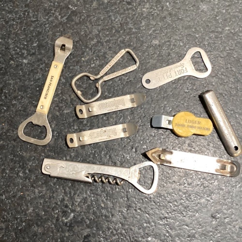 Lot of 8 Vintage Advertising Can & Bottle Openers 1 Wine Cork Screw Opener